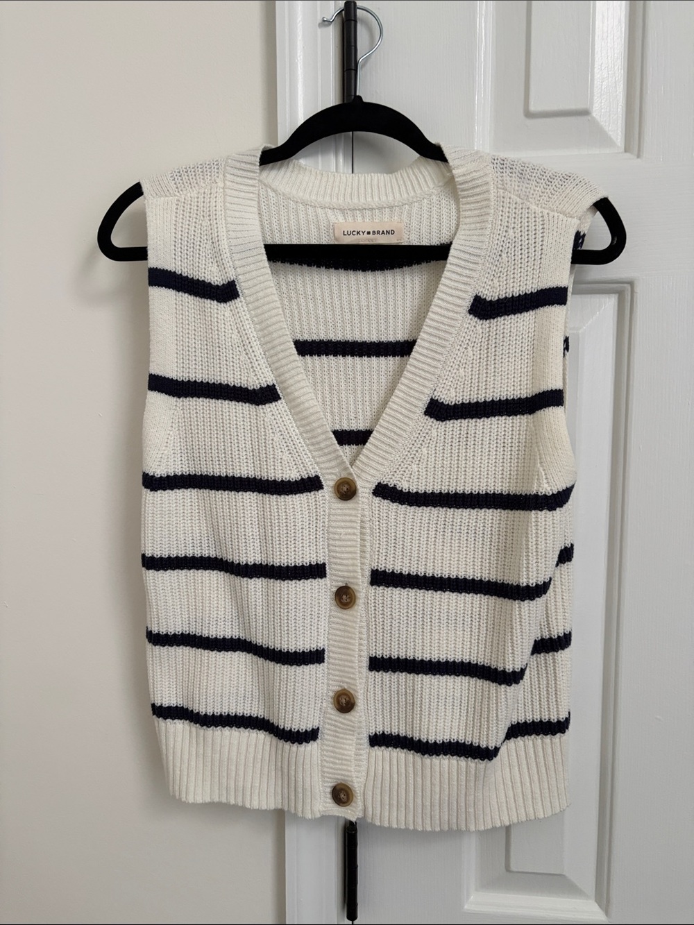 NWOT Lucky Brand Cream and Navy Striped V-Neck Button Sweater Vest